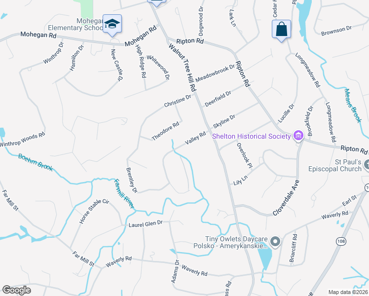 map of restaurants, bars, coffee shops, grocery stores, and more near 24 Valley Road in Shelton