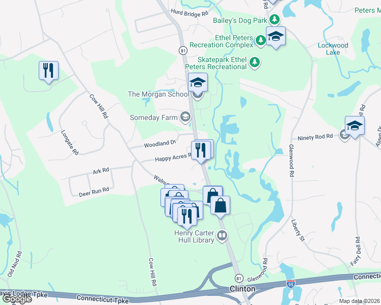 map of restaurants, bars, coffee shops, grocery stores, and more near 16 Happy Acres Road in Clinton