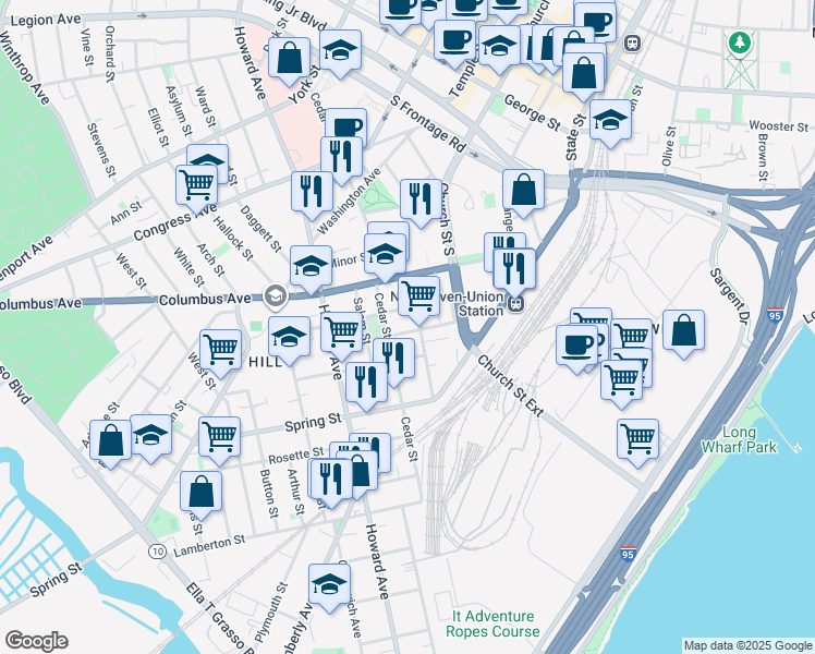map of restaurants, bars, coffee shops, grocery stores, and more near 140 Carlisle Street in New Haven