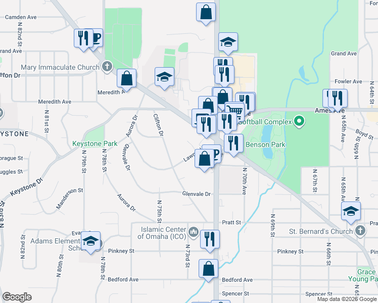 map of restaurants, bars, coffee shops, grocery stores, and more near 7235 Lawndale Drive in Omaha