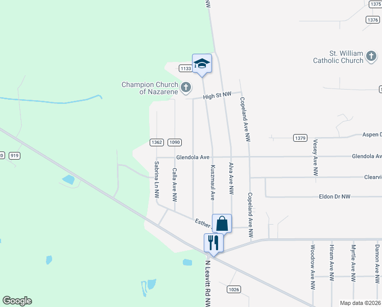 map of restaurants, bars, coffee shops, grocery stores, and more near 5189 Craig Avenue Northwest in Warren