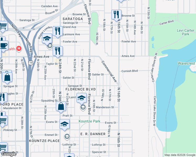 map of restaurants, bars, coffee shops, grocery stores, and more near 4110 North 19th Street in Omaha