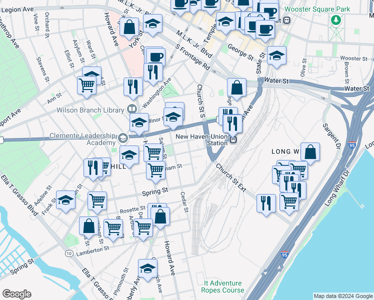 map of restaurants, bars, coffee shops, grocery stores, and more near 45 Liberty Street in New Haven