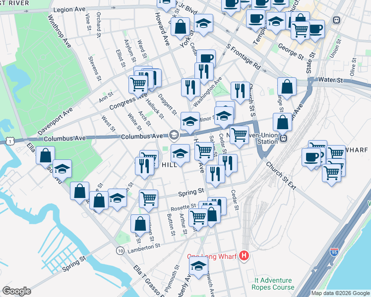 map of restaurants, bars, coffee shops, grocery stores, and more near 570 Howard Avenue in New Haven