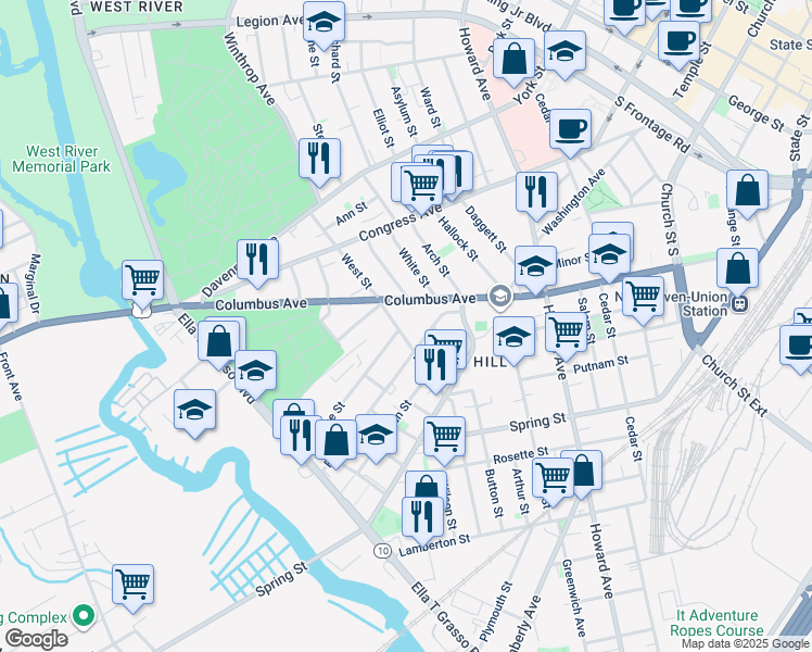 map of restaurants, bars, coffee shops, grocery stores, and more near 9 Adeline Street in New Haven