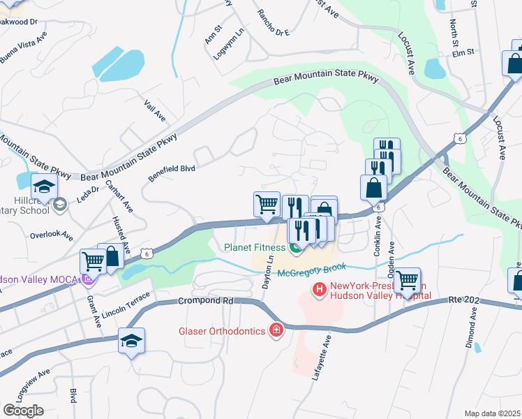 map of restaurants, bars, coffee shops, grocery stores, and more near 1825 East Main Street in Peekskill