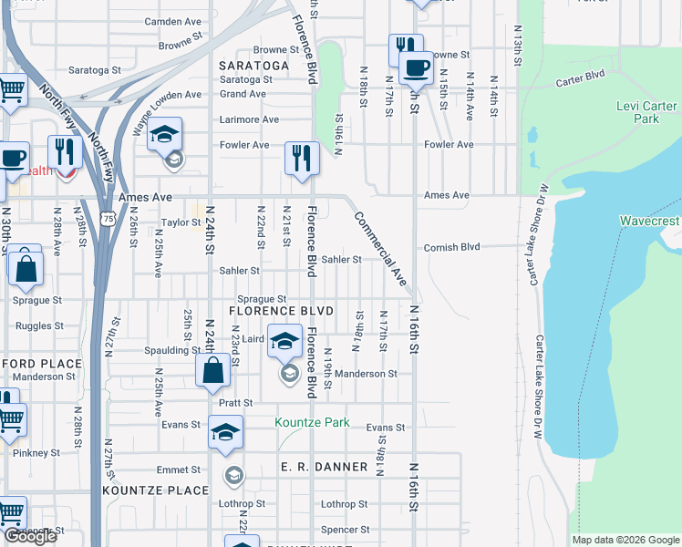 map of restaurants, bars, coffee shops, grocery stores, and more near 4110 North 19th Street in Omaha