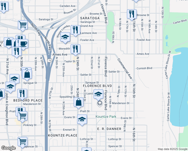 map of restaurants, bars, coffee shops, grocery stores, and more near 4109 North 22nd Street in Omaha