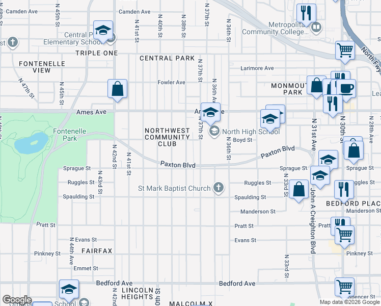 map of restaurants, bars, coffee shops, grocery stores, and more near 3802 Paxton Boulevard in Omaha