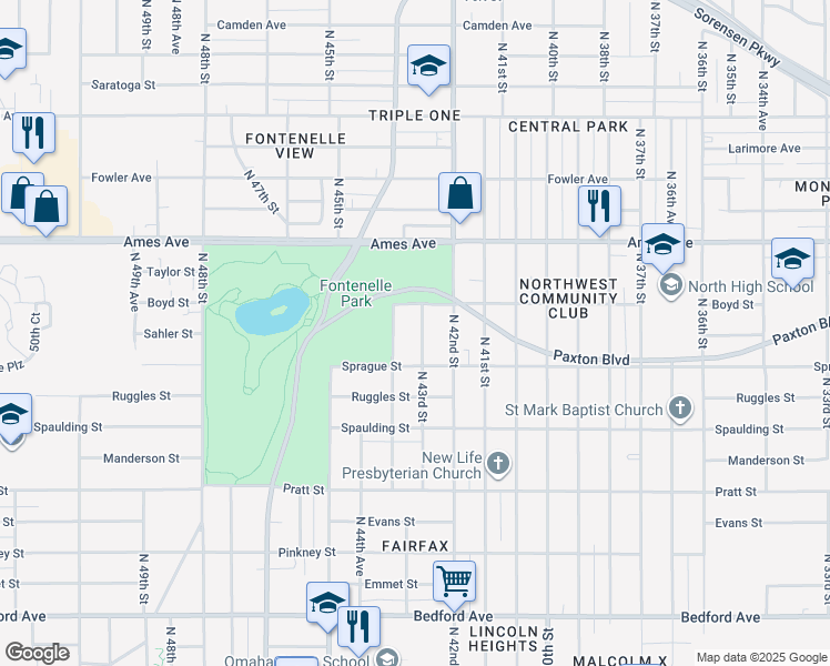 map of restaurants, bars, coffee shops, grocery stores, and more near 4124 North 43rd Street in Omaha
