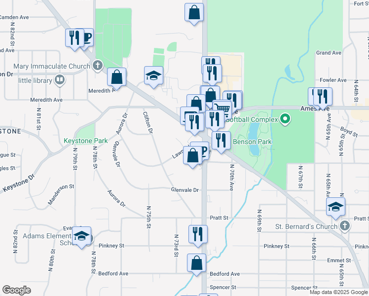 map of restaurants, bars, coffee shops, grocery stores, and more near 7235 Lawndale Drive in Omaha