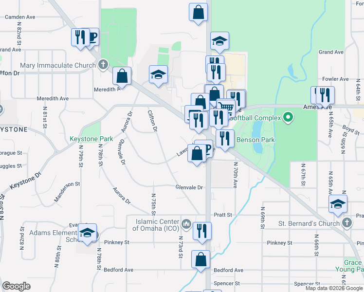 map of restaurants, bars, coffee shops, grocery stores, and more near 7235 Lawndale Drive in Omaha