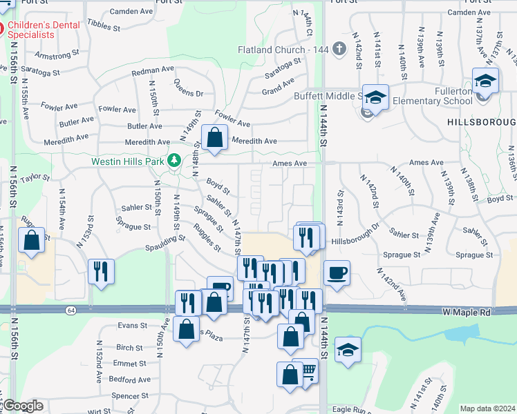 map of restaurants, bars, coffee shops, grocery stores, and more near 4153 North 146th Court in Omaha