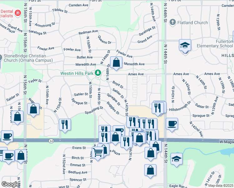 map of restaurants, bars, coffee shops, grocery stores, and more near 14738 Sprague Street in Omaha