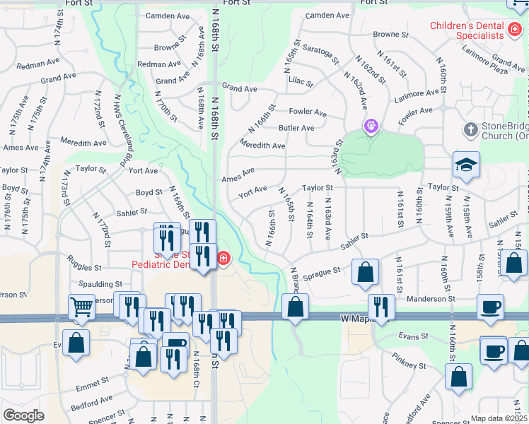 map of restaurants, bars, coffee shops, grocery stores, and more near 4308 North 166th Street in Omaha
