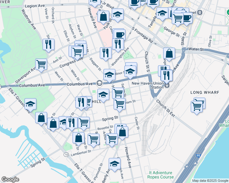 map of restaurants, bars, coffee shops, grocery stores, and more near 580 Howard Avenue in New Haven