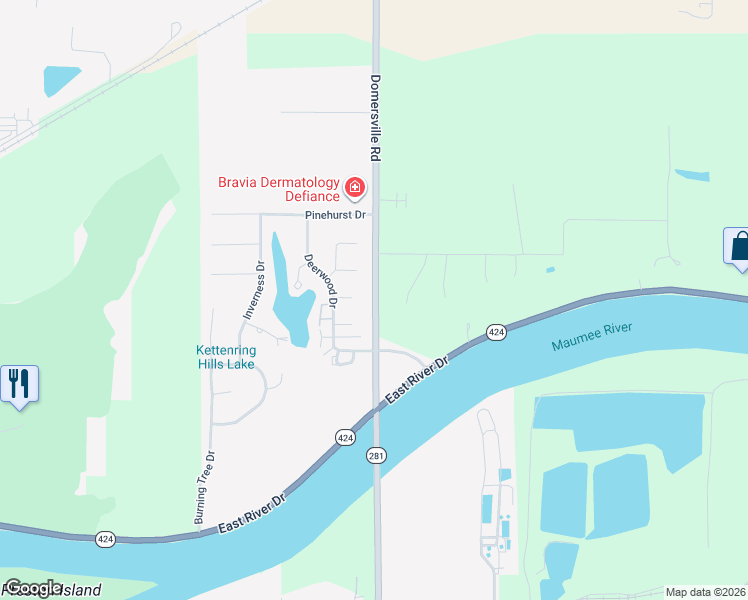 map of restaurants, bars, coffee shops, grocery stores, and more near 1520 Dublin Court in Defiance