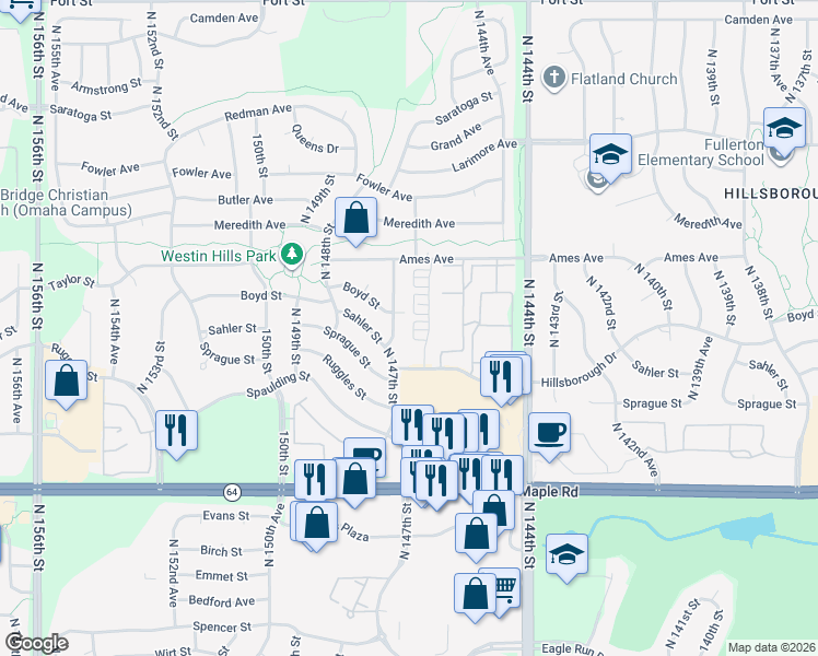 map of restaurants, bars, coffee shops, grocery stores, and more near 4205 North 147th Street in Omaha