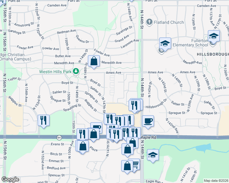 map of restaurants, bars, coffee shops, grocery stores, and more near 4216 North 146th Court in Omaha