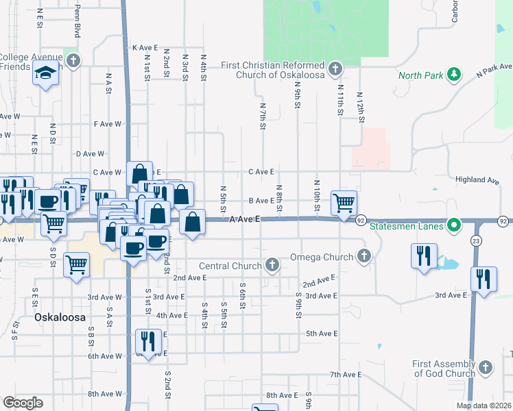 map of restaurants, bars, coffee shops, grocery stores, and more near 705-799 A Avenue East in Oskaloosa