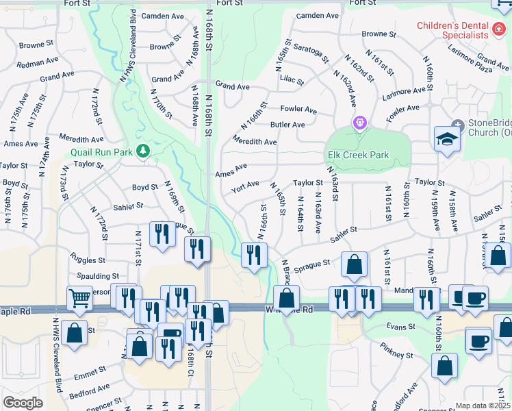 map of restaurants, bars, coffee shops, grocery stores, and more near 4308 North 166th Street in Omaha