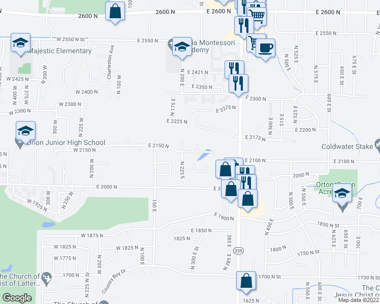 map of restaurants, bars, coffee shops, grocery stores, and more near 238 East 2150 North in North Ogden
