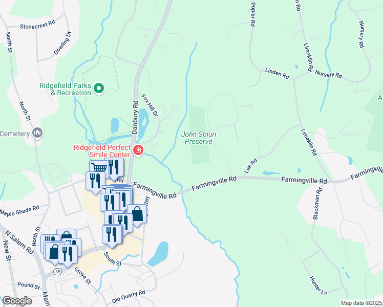 map of restaurants, bars, coffee shops, grocery stores, and more near 6 Winterberry Lane in Ridgefield