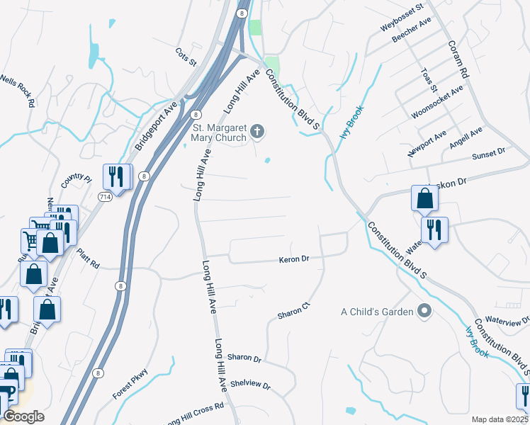 map of restaurants, bars, coffee shops, grocery stores, and more near 16 Sanford Drive in Shelton