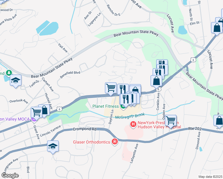 map of restaurants, bars, coffee shops, grocery stores, and more near 1825 East Main Street in Peekskill