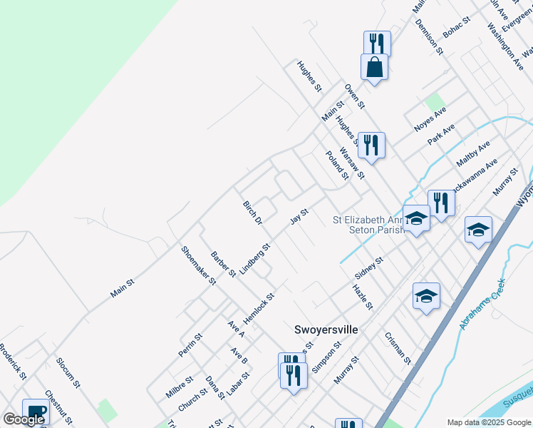 map of restaurants, bars, coffee shops, grocery stores, and more near 48 Birch Dr in Swoyersville