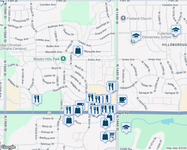 map of restaurants, bars, coffee shops, grocery stores, and more near 4153 North 146th Court in Omaha