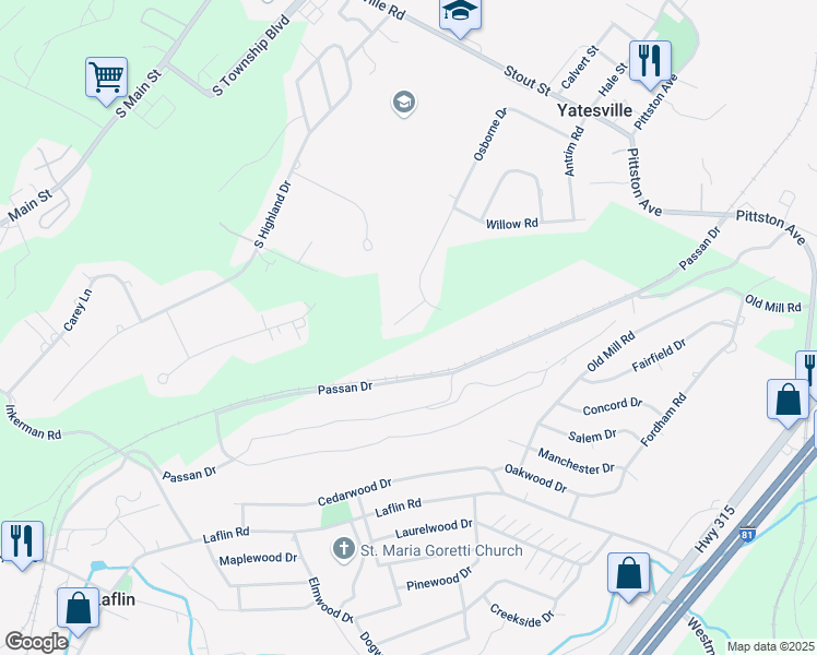 map of restaurants, bars, coffee shops, grocery stores, and more near 12 Donegal Park in Luzerne County