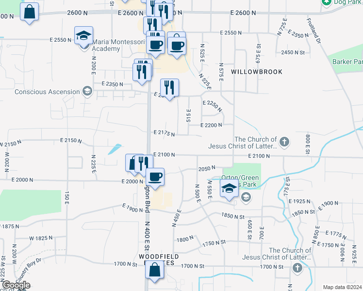 map of restaurants, bars, coffee shops, grocery stores, and more near 472 2100 North Street in North Ogden