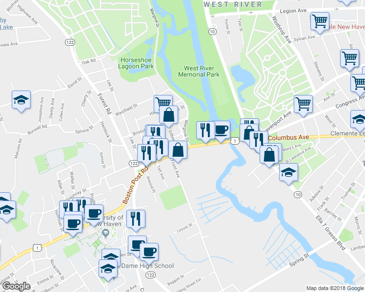 map of restaurants, bars, coffee shops, grocery stores, and more near 127 Boston Post Road in West Haven