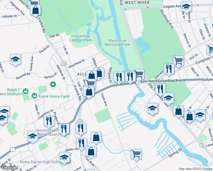 map of restaurants, bars, coffee shops, grocery stores, and more near 127 Boston Post Road in West Haven
