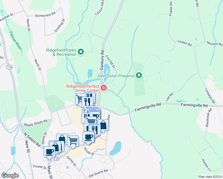 map of restaurants, bars, coffee shops, grocery stores, and more near 5 Raspberry Lane in Ridgefield