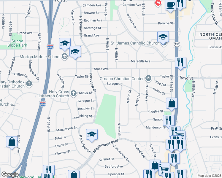 map of restaurants, bars, coffee shops, grocery stores, and more near 9515 Ruggles Street in Omaha