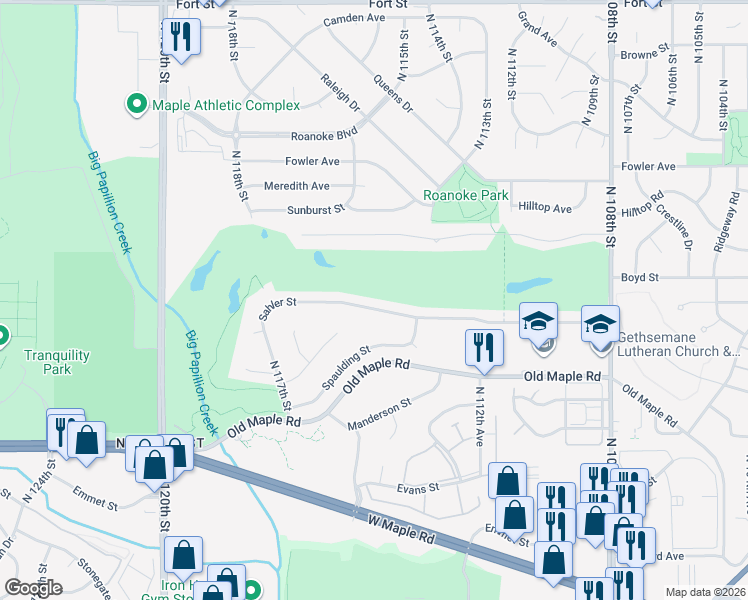 map of restaurants, bars, coffee shops, grocery stores, and more near 11345 Sahler Street in Omaha