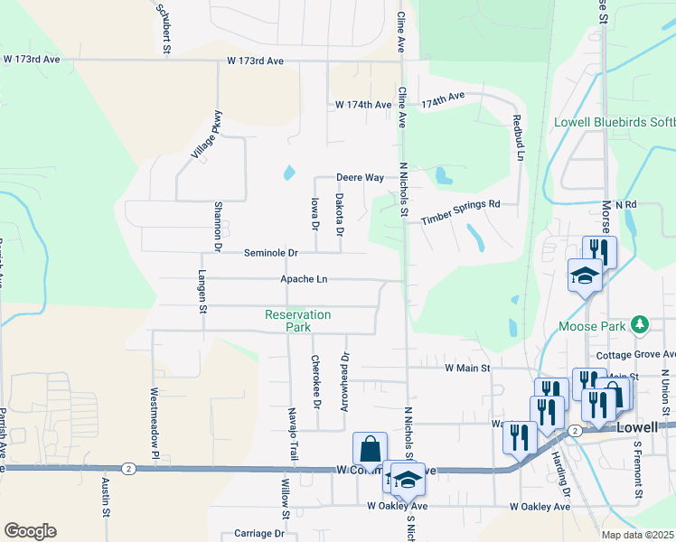 map of restaurants, bars, coffee shops, grocery stores, and more near 527 Apache Lane in Lowell