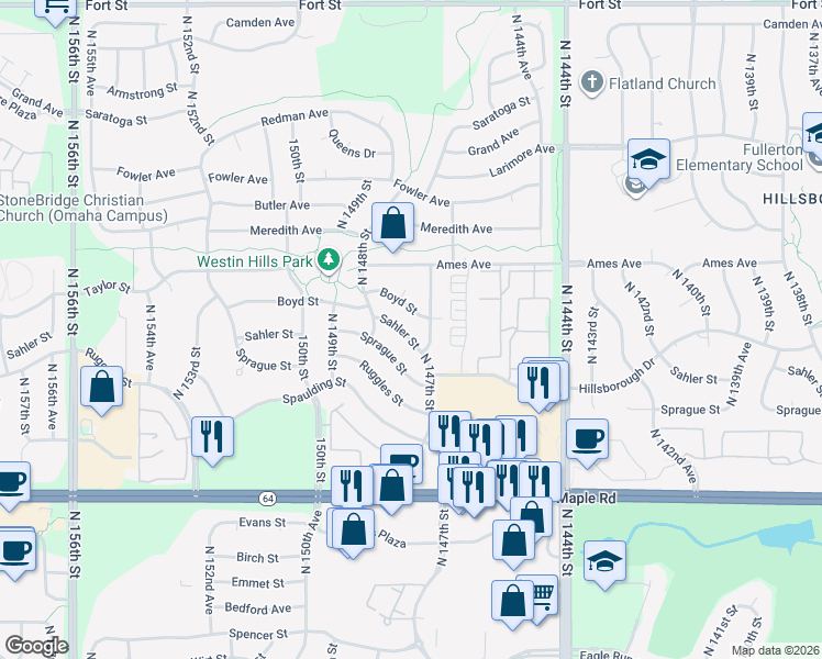 map of restaurants, bars, coffee shops, grocery stores, and more near 14738 Sprague Street in Omaha