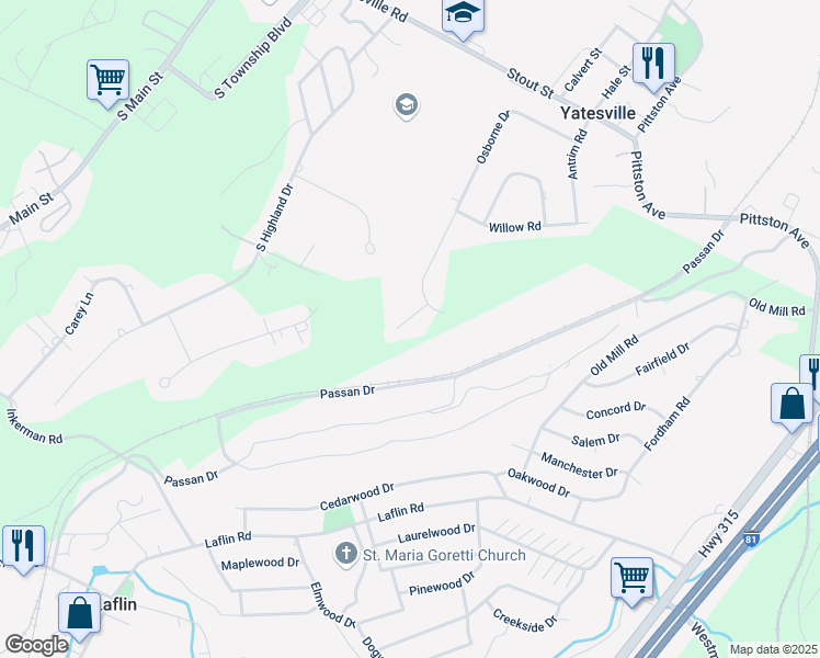 map of restaurants, bars, coffee shops, grocery stores, and more near 12 Donegal Park in Luzerne County