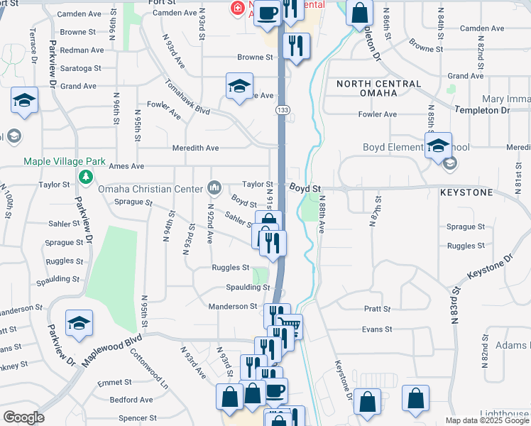 map of restaurants, bars, coffee shops, grocery stores, and more near 4222 North 91st Street in Omaha
