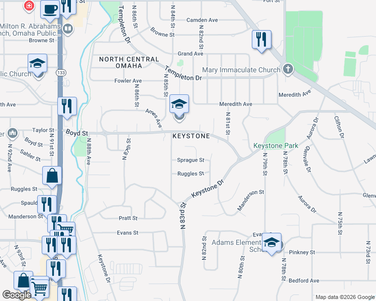 map of restaurants, bars, coffee shops, grocery stores, and more near 8306 Sprague Street in Omaha