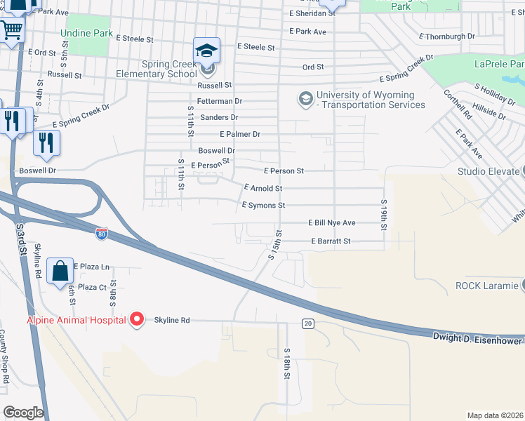 map of restaurants, bars, coffee shops, grocery stores, and more near 2000 South 15th Street in Laramie