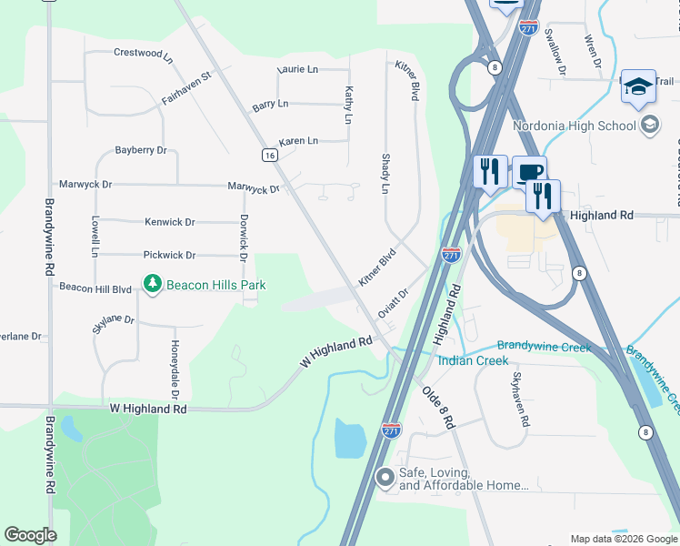 map of restaurants, bars, coffee shops, grocery stores, and more near 8584 Olde 8 Road in Northfield
