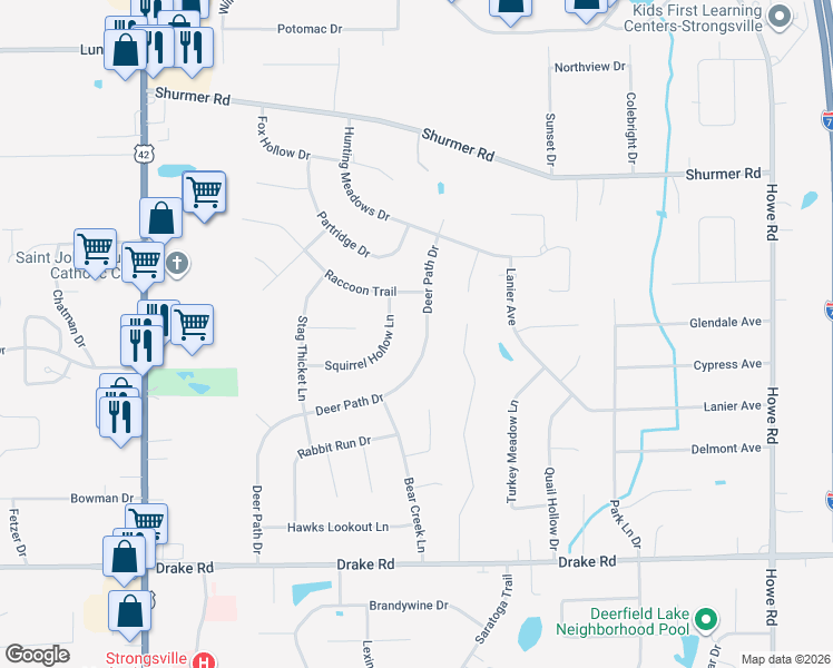 map of restaurants, bars, coffee shops, grocery stores, and more near 16993 Deer Path Drive in Strongsville