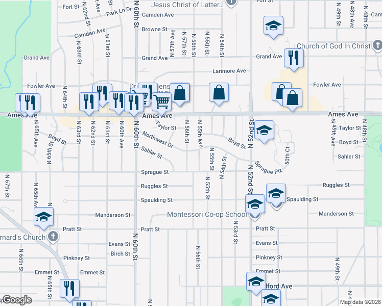 map of restaurants, bars, coffee shops, grocery stores, and more near 4117 North 56th Street in Omaha