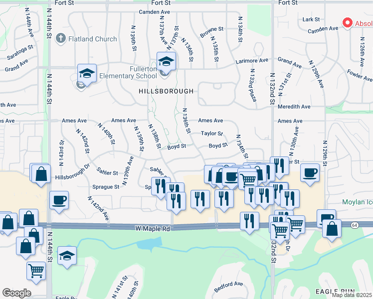 map of restaurants, bars, coffee shops, grocery stores, and more near 13705 Hillsborough Drive in Omaha