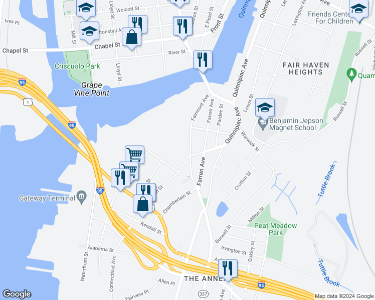 map of restaurants, bars, coffee shops, grocery stores, and more near 146 Fairmont Avenue in New Haven