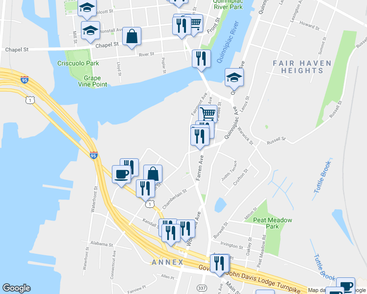 map of restaurants, bars, coffee shops, grocery stores, and more near 114 Fairmont Avenue in New Haven